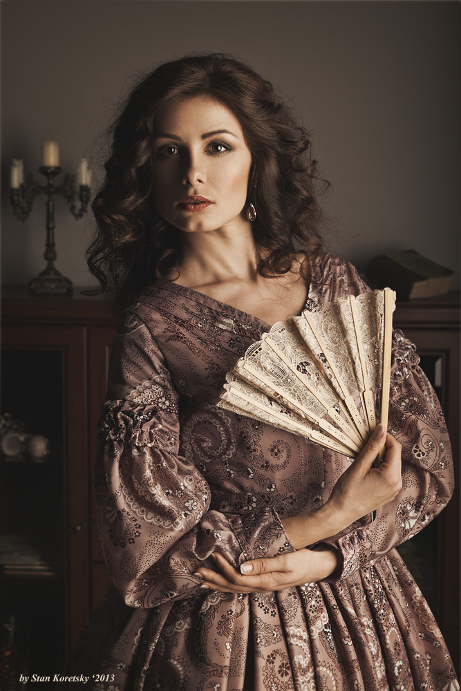 Beautiful woman with a fan | model, woman, beautiful, brunette, hair-do , make-up, dress, fan, old-fashioned, candlestick