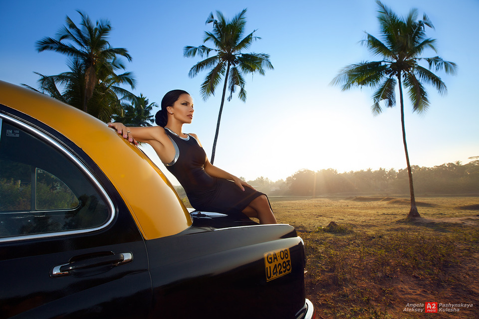 Car, palms, girl | car, palm, girl, sun