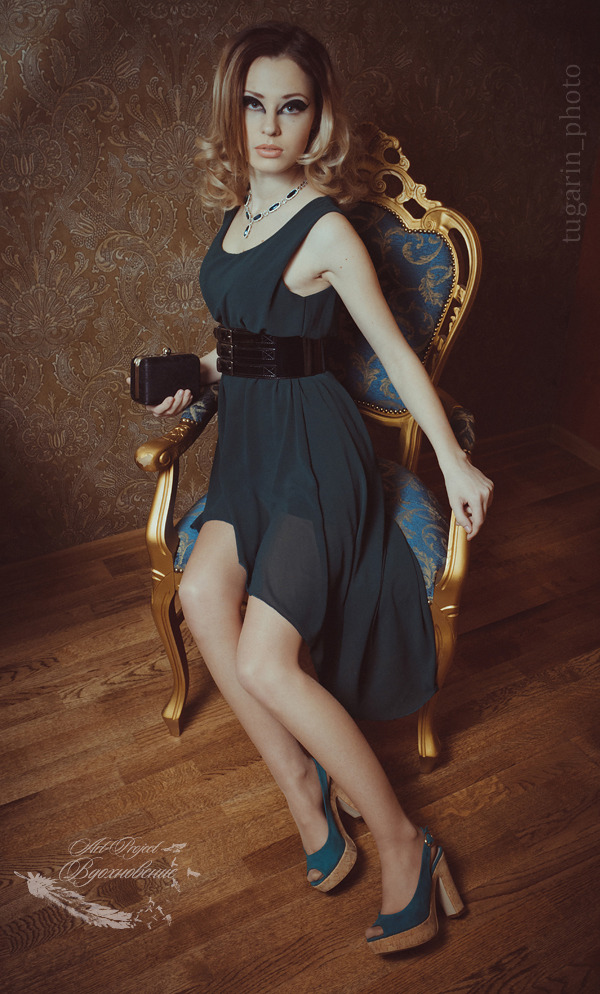 Girl in black dress sitting on a chair | black dress, chair, high-heeled shoes