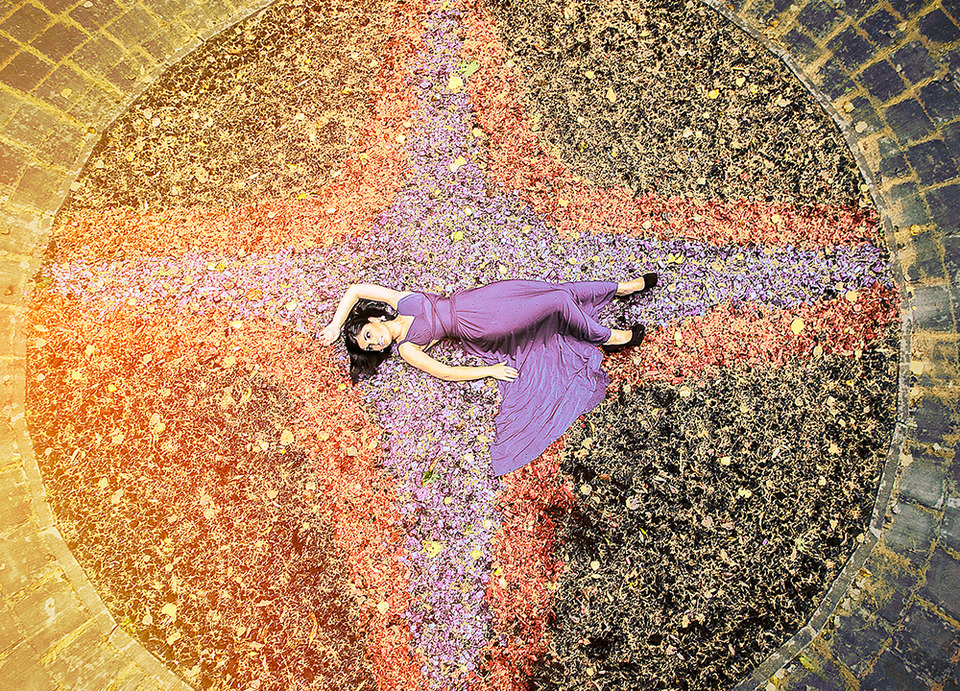 Lying on the stars | purple dress, stars, black shoes