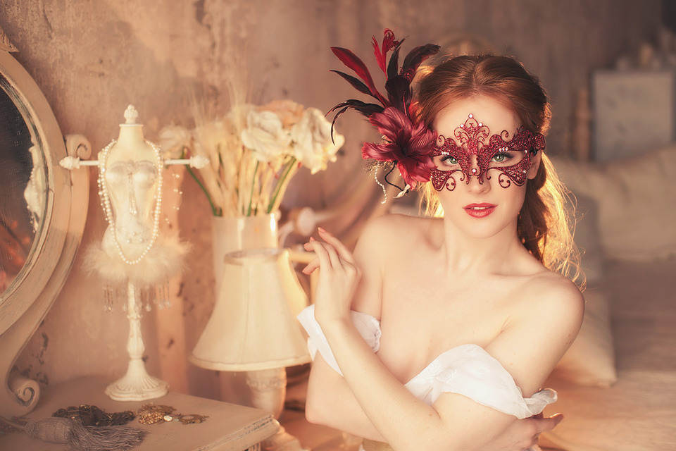 Masked girl undresses | masked girl, old facioned room, white nightgown, bed