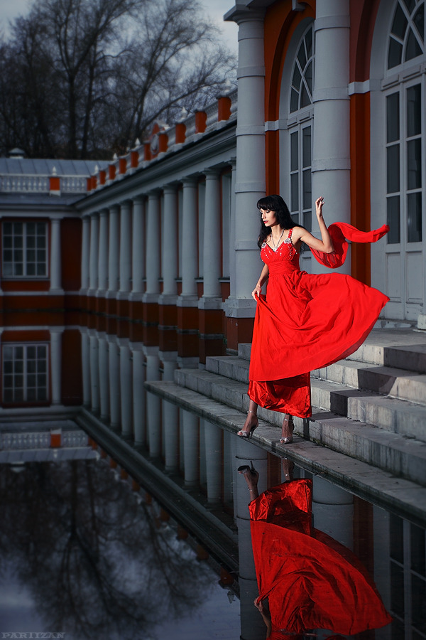 Flooded street | flood, girl, red dress, building