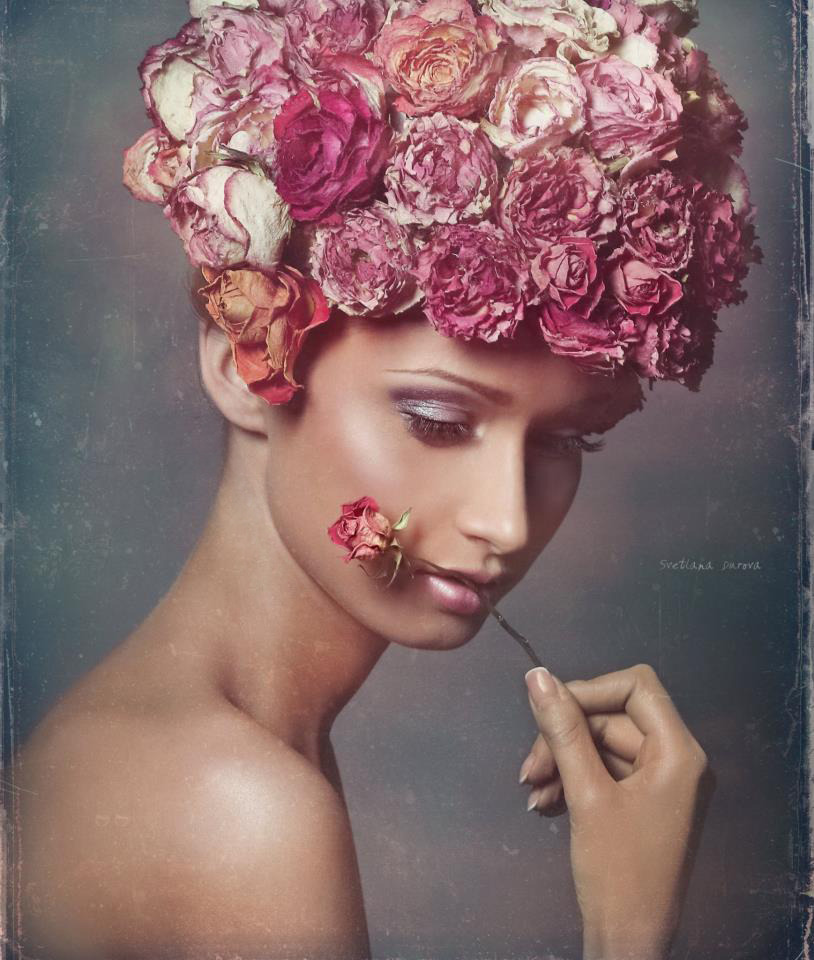 Hair-do of real flowers | flowers, hair-do, tan, pink lips