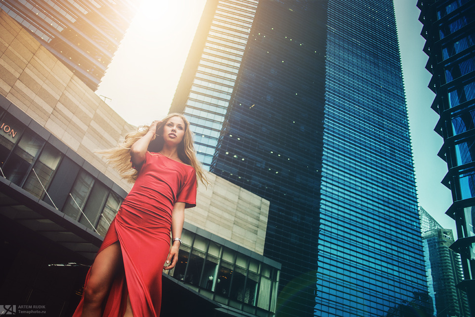 Under the skyscraper | skyscraper, red dress, cutie, sidewalk