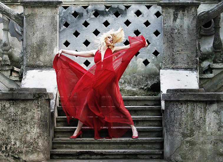 Dancing on the stairs | stairs, dancer, red dress, nature