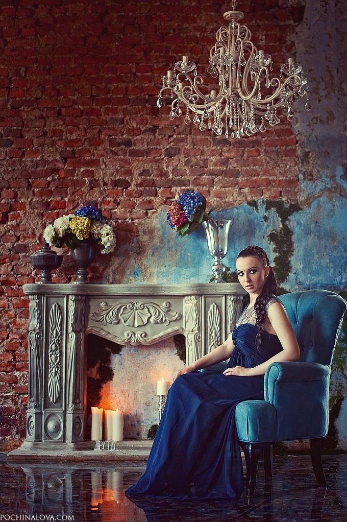 Sitting by the fireplace | fireplace, blue gown, brickwall, chair