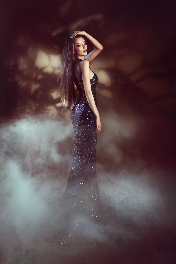 Slim girl in long shining dress and fog | glamour, model, girl, long hair, make-up, long dress, fog, shades, slim, shining