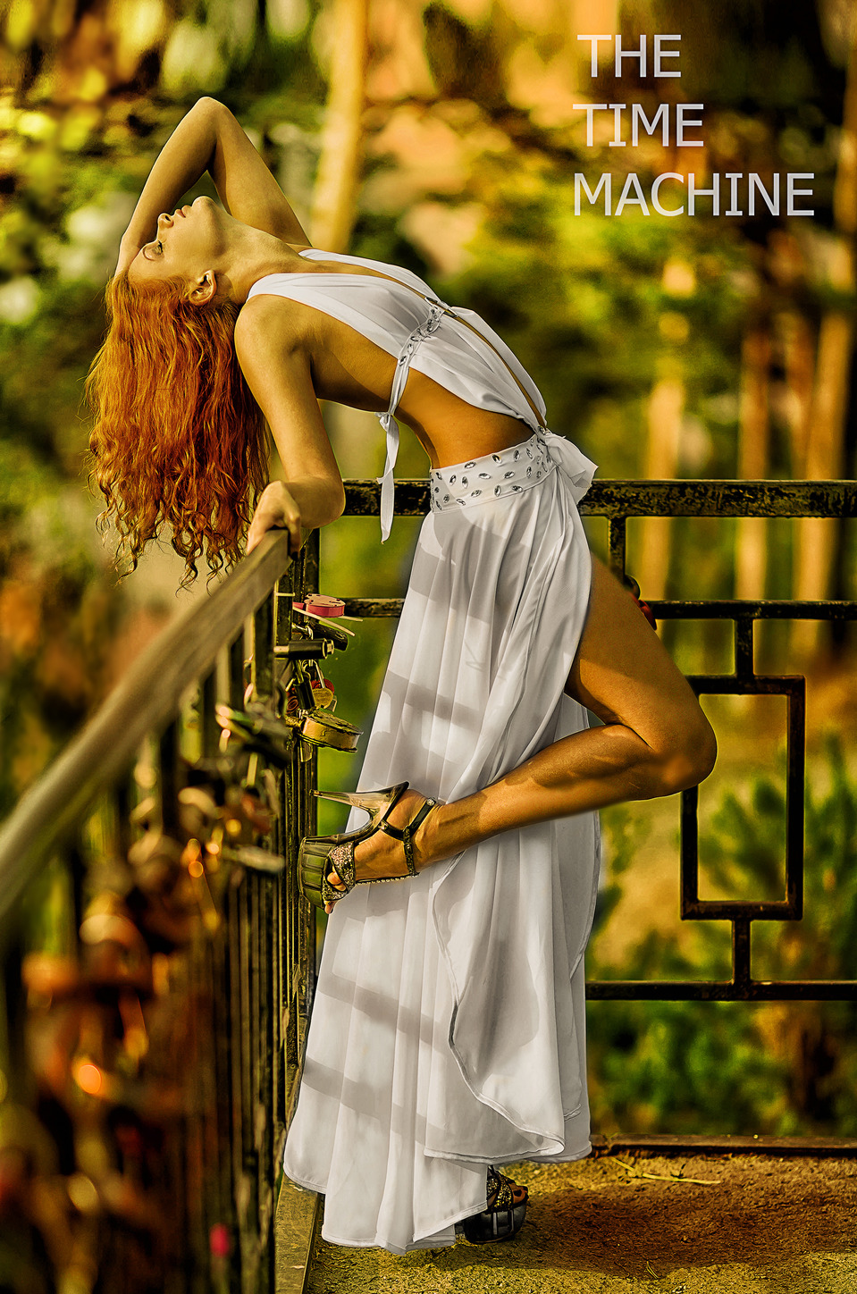 Beautiful Helen Red  | model, hair, red, dress, bridge, padlock, heels, beautiful, white, throw back head