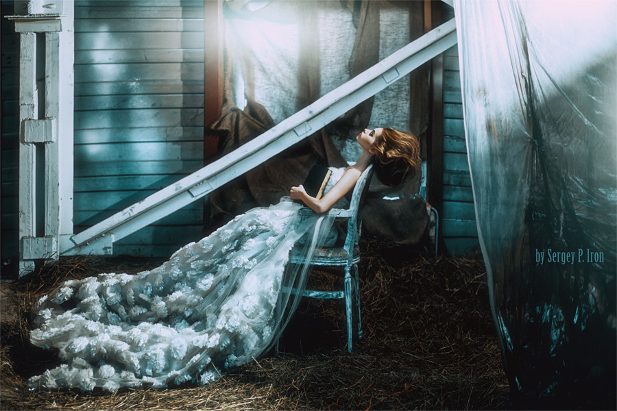 Girl in a long dress with a book | glamour, model, girl, chair, long dress, straw, book, old house, hair-do, window