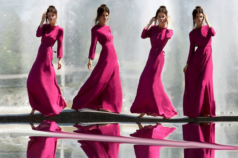 Model near a fountain in different attitudes | glamour, model, girl, fountain, long dress, water, barefoot, brunette, lock, masking technique