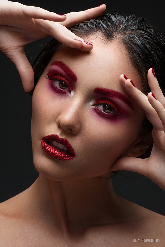 Girl with red make-up | glamour, model, girl, face, make-up, brunette, red lipstick, portrait, red nails, perfect skin