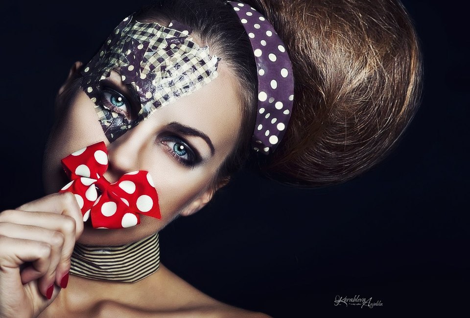 Red bow on the lips | girl, make-up, spotted, red, bow, eyes, hairband, dark blue, lips, hairdo