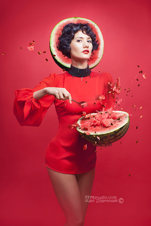 Woman in red dress and watermelon | glamour, model, woman, raw food, red dress, short hair, brunette, watermelon, spoon, health