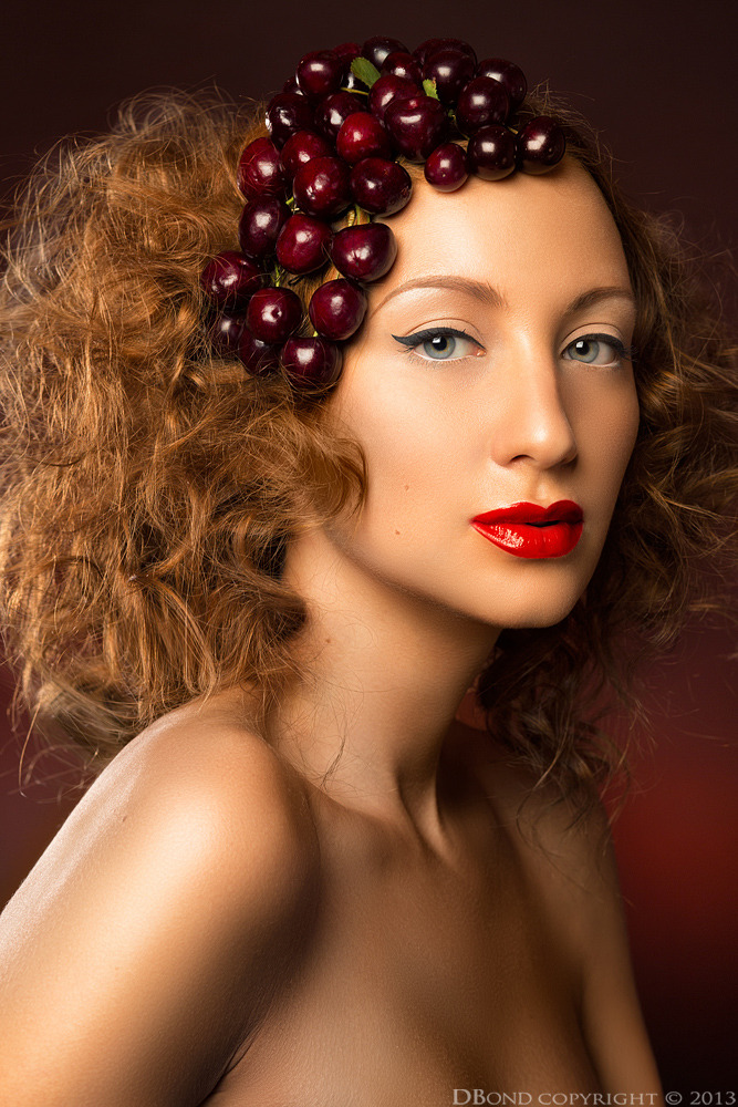 Girl with cherry | glamour, model, girl, make-up, naked, hair-do, red lipstick, cherry, curls, face