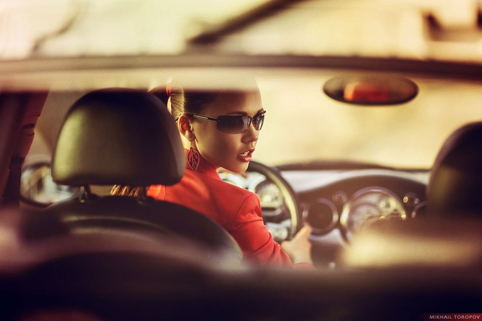 In red | car, woman in red