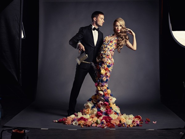 Man and girl in the flower dress | glamour, models, girl, blonde, curly, man, suit, flower dress, water, watering-pot