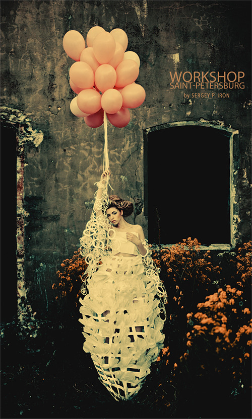 Girl flying with ballons in cocoon | cocoon, butterfly, baloon, steampunk, vintage, old school photo