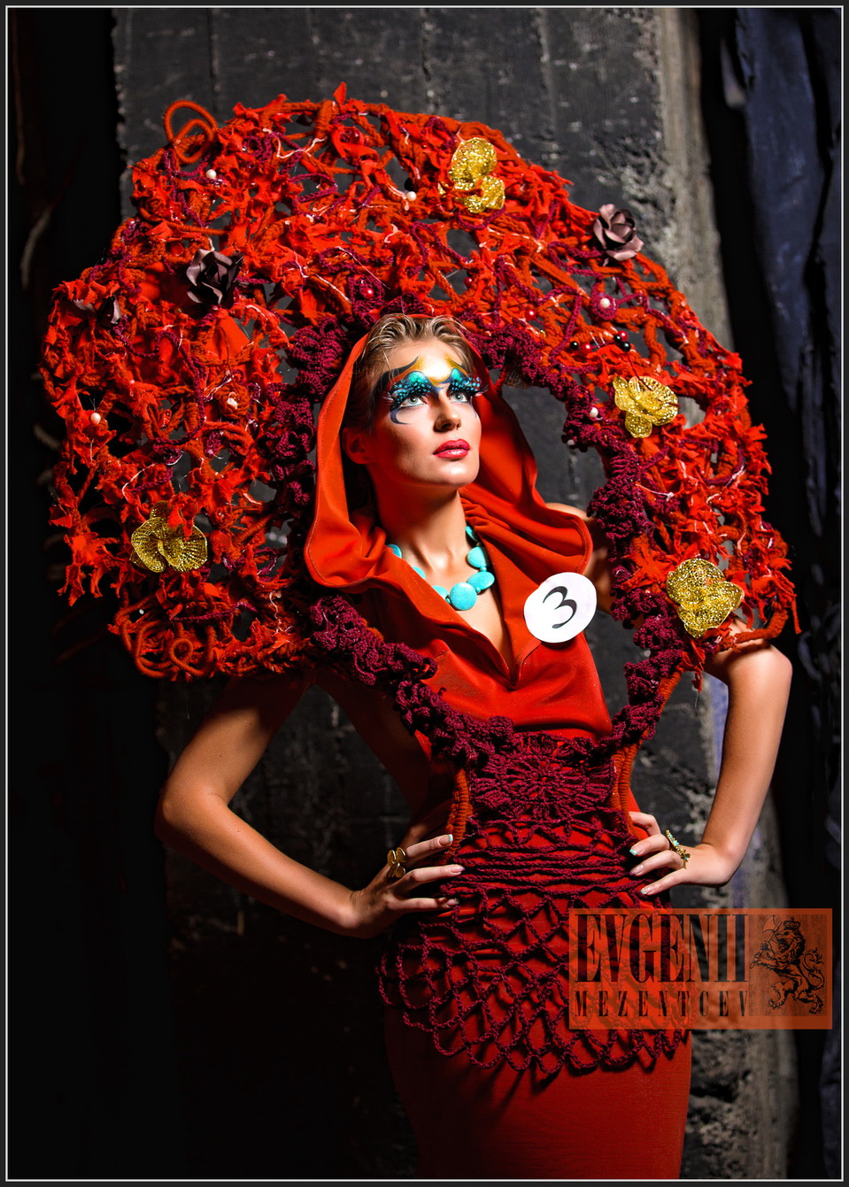 Model in red kokoshnik, Fashion Week Kyrgyzstan  | Fashion Week, kokoshnik, red, dress, fantasy, make-up, blue, number, backstage, contest