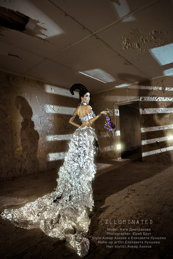 Model in an illuminated dress in an tumbledown room | model, shade, illuminated, tumbledown, flowers, wall, ceiling, flaked, hair-do, dress