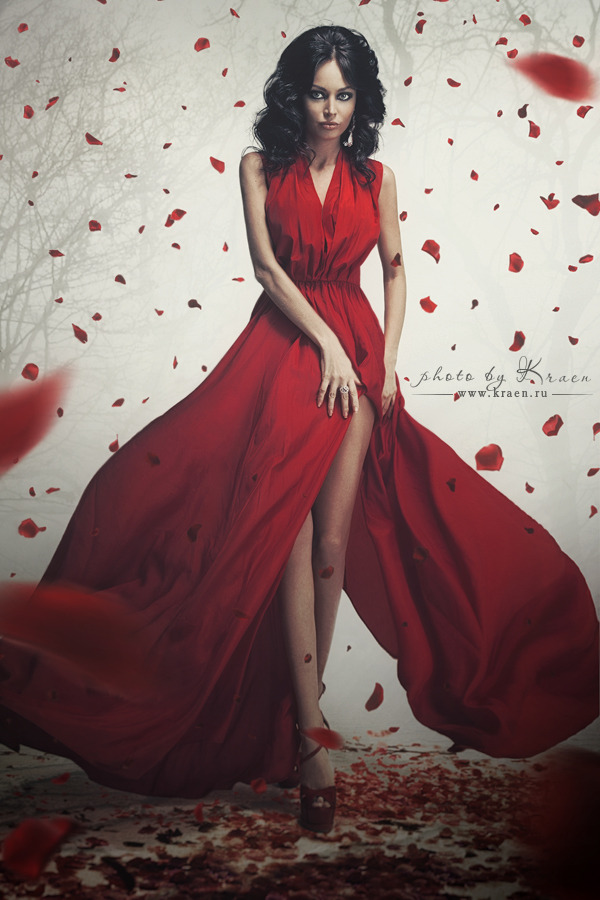 Beautiful red dress | red dress, beautiful girl, rose petals