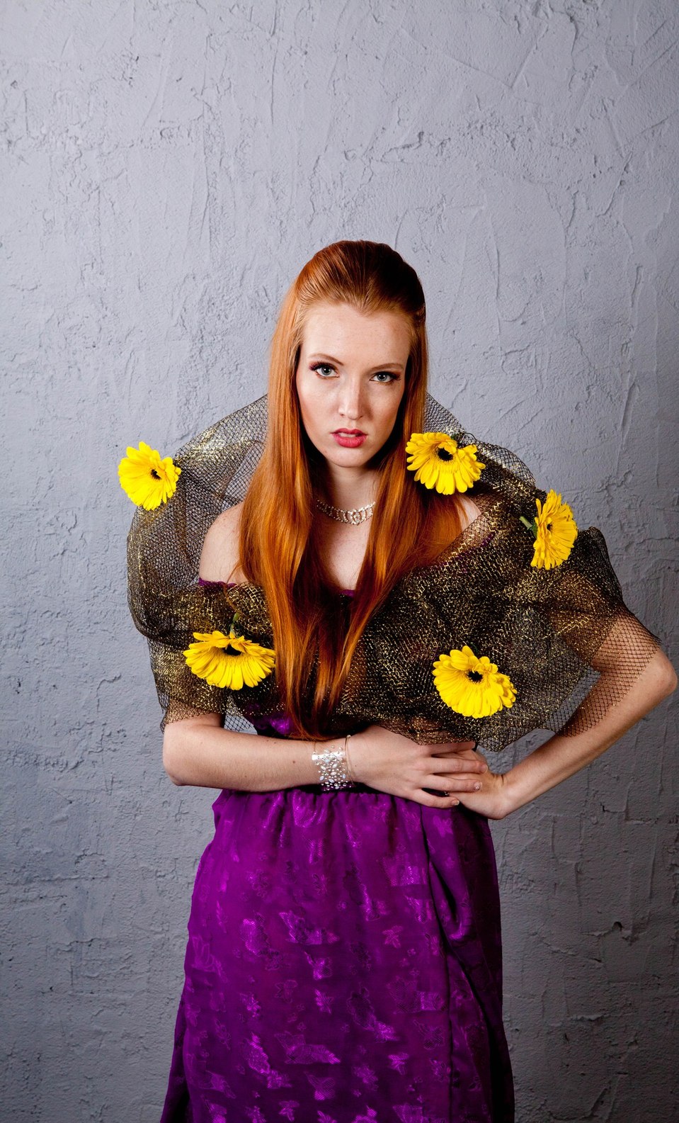 Red-haired girl and yellow gerberas | glamour, model, girl, long hair, red-haired, dress, flowers, yellow gerberas, make-up, gauze