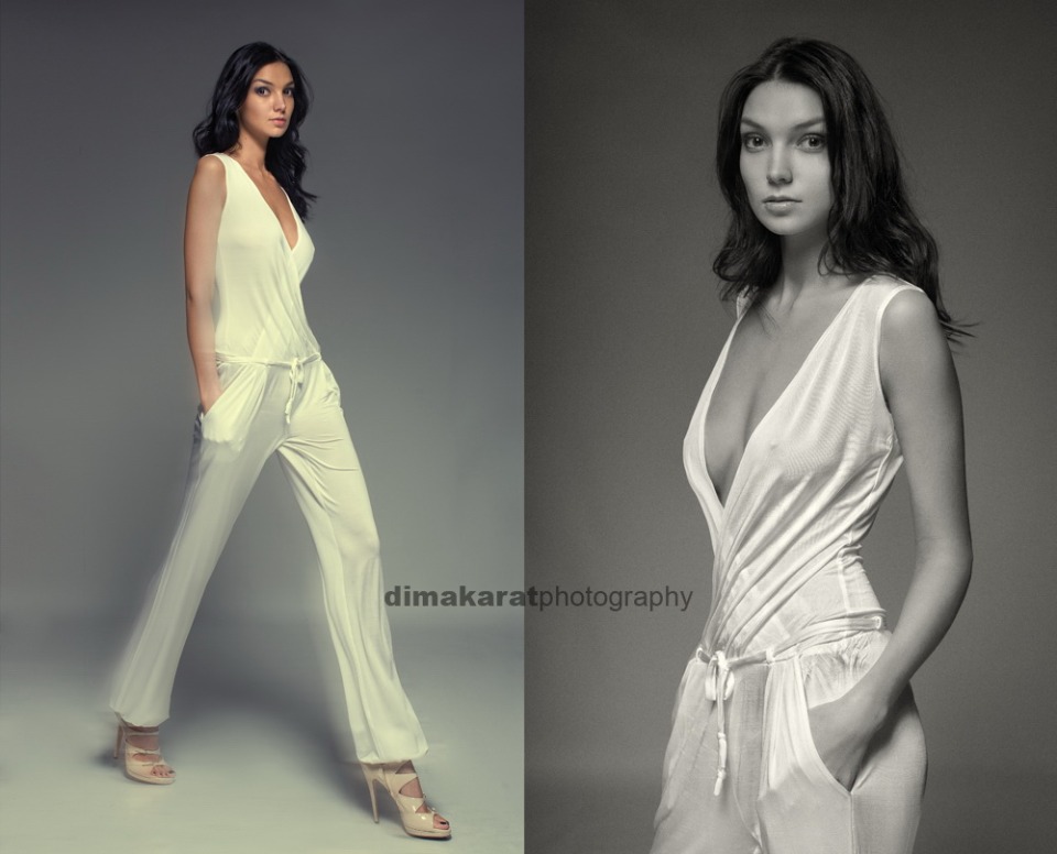 Two portraits | portrait, black & white, long legs, high-heeled shoes, white pants, no bra, nipples, see through