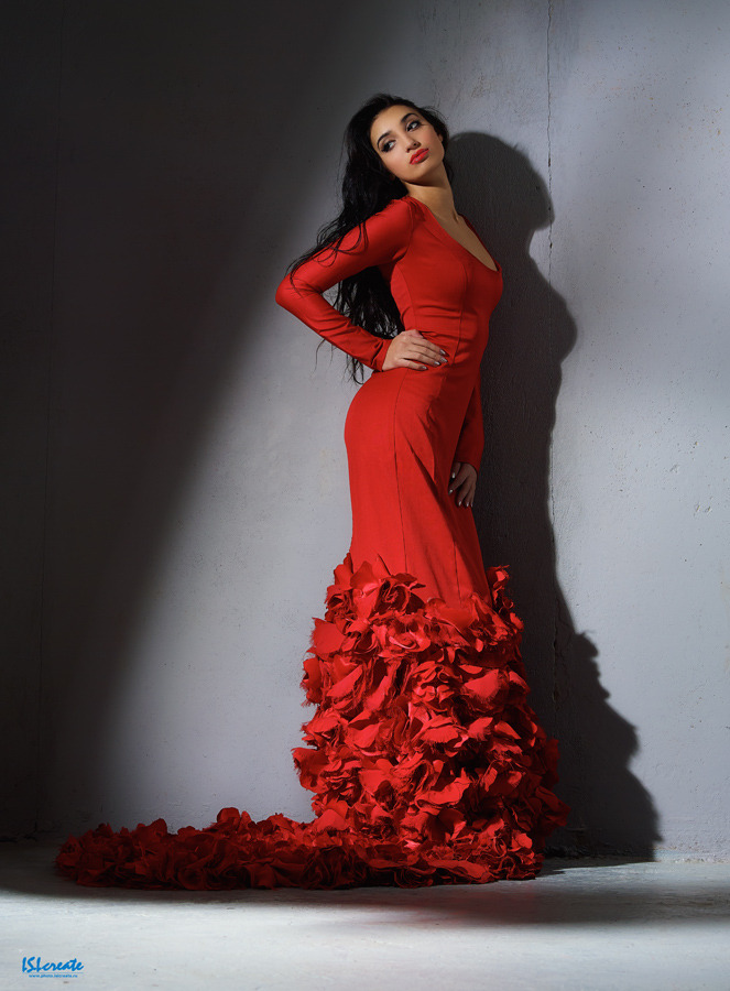 Beautiful model in a red long dress | model, brunette, red lipstick, red, dress, long, shade, hair, wall, grey